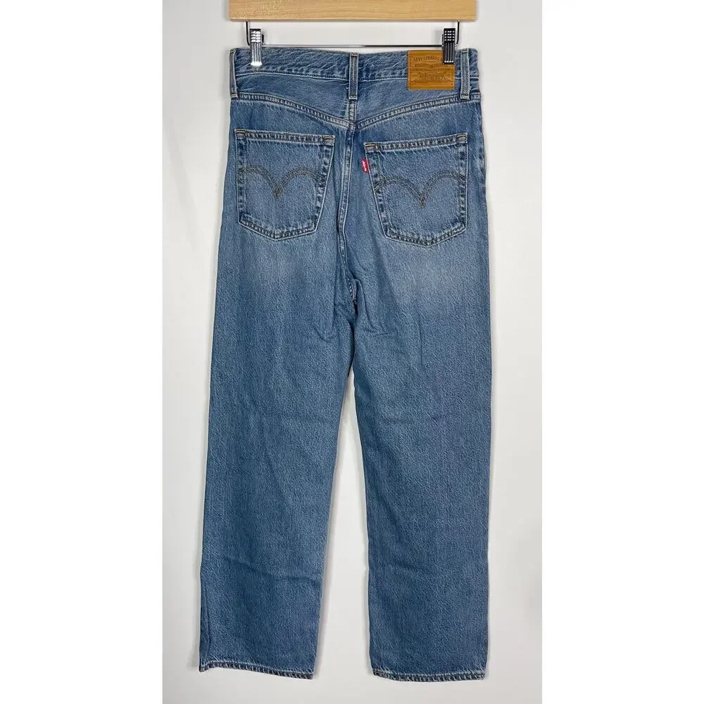 Levis Womens 27 Ribcage Straight Leg Jeans Button Fly Medium Rinse Wash Cotton